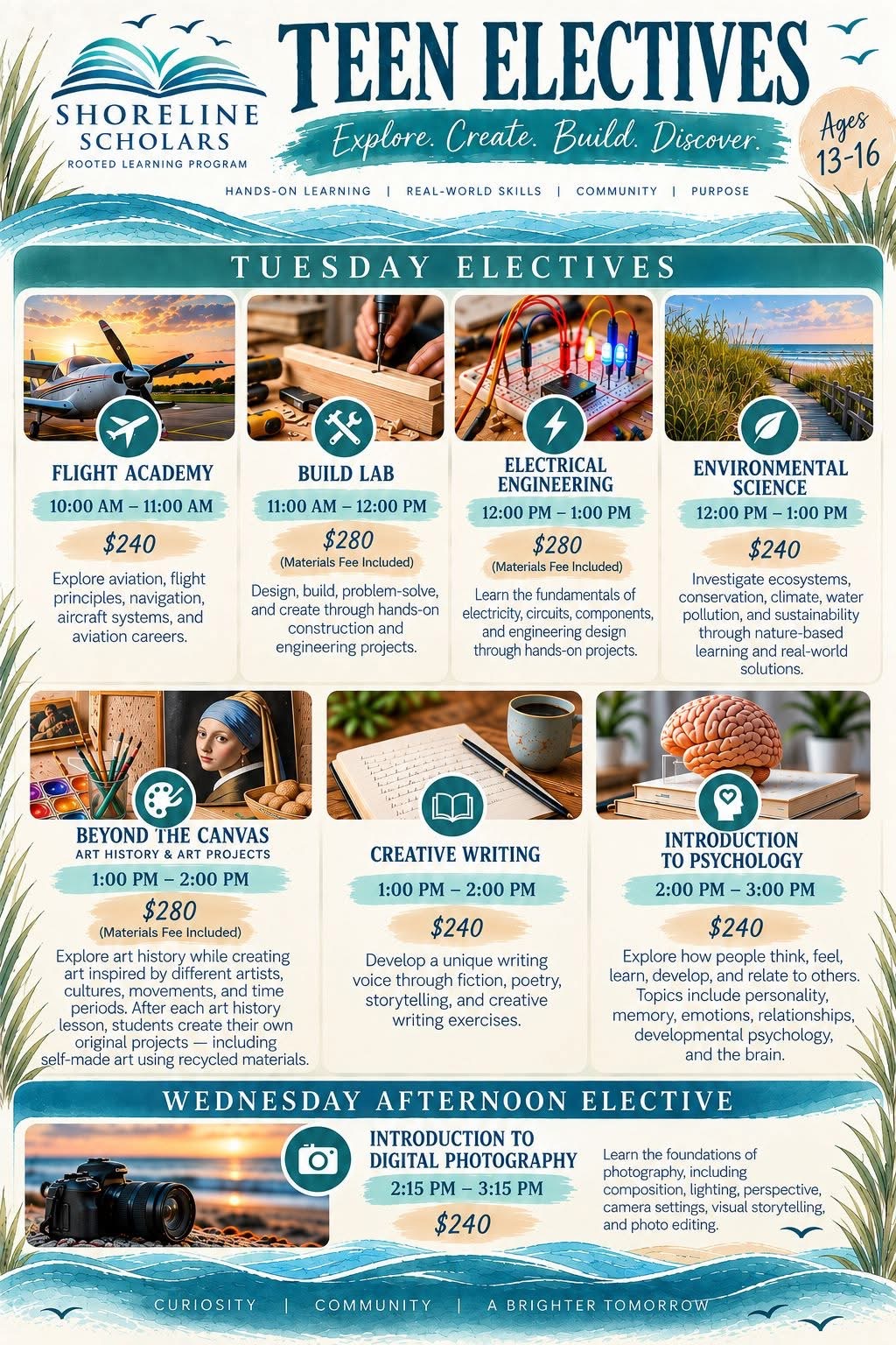 Shoreline Scholars Teen Electives — Tuesday electives in Flight Academy, Build Lab, Electrical Engineering, Environmental Science, Beyond the Canvas, Creative Writing, and Introduction to Psychology, plus Introduction to Digital Photography on Wednesday afternoons, for ages 13–16