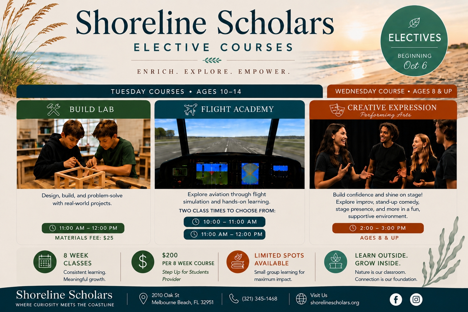 Shoreline Scholars elective courses — Build Lab and Flight Academy on Tuesdays for ages 10–14, and Creative Expression performing arts on Wednesdays for ages 8 and up